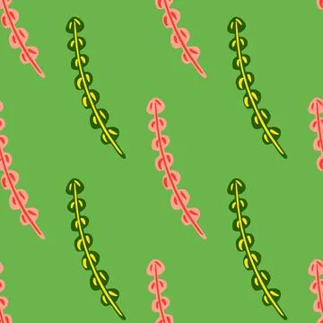 Creative seamless hand drawn pattern with simple pink seaweed ornament. Green Stock Illustration