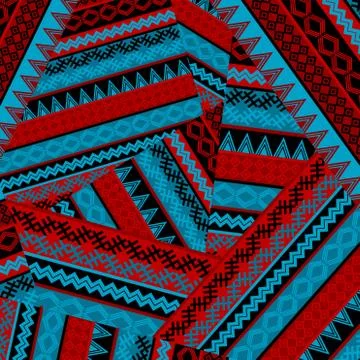 Creative seamless patchwork pattern with blue and red geometrical motifs Illustrazione stock