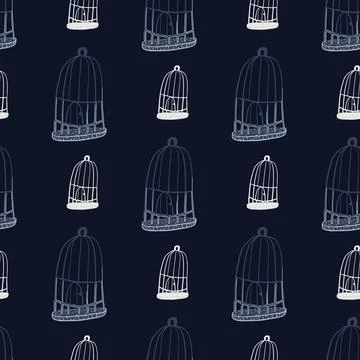 Creative seamless pattern with doodle cartoon vintage bird cage print. Navy b Stock Illustration