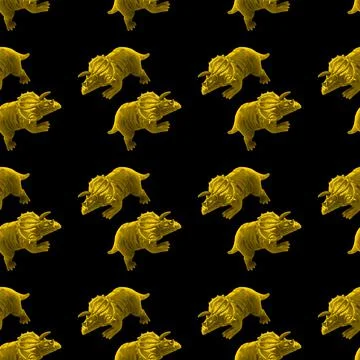 Creative seamless pattern of golden dinosaur on black background. Stock Photos
