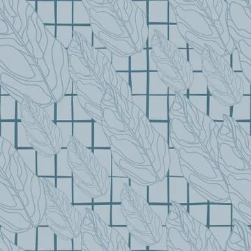 Creative seamless pattern with hand drawn contoured leaf shapes. Blue pastel  스톡 일러스트
