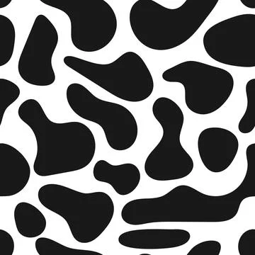 Creative seamless pattern with irregular black cow or dalmatian spots on whit Illustrazione stock