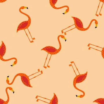 Creative seamless pattern with orange random flamingo ornament. Pink pastel b Illustrazione stock