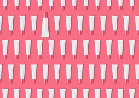 Creative seamless pattern of pink and white cosmetic tubes on white background. Stock Illustration