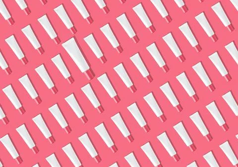 Creative seamless pattern of pink and white cosmetic tubes on white background. Stock Illustration