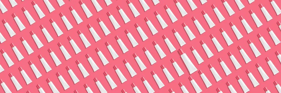 Creative seamless pattern of pink and white cosmetic tubes on white background. Stock Illustration