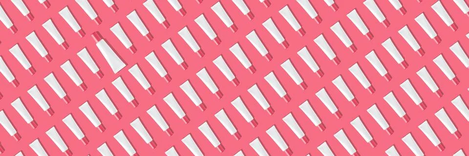 Creative seamless pattern of pink and white cosmetic tubes on white background. Stock Photos