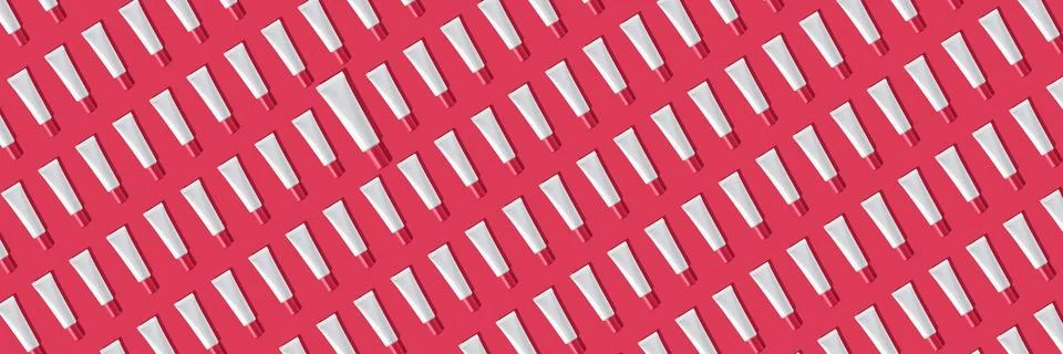 Creative seamless pattern of pink and white cosmetic tubes. Toned image in Stock Photos