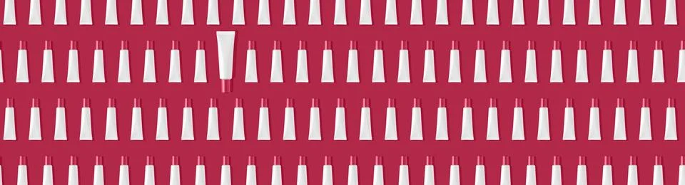Creative seamless pattern of pink and white cosmetic tubes. Toned image in Stock Photos