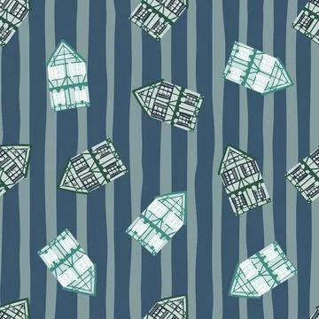 Creative seamless pattern with simple contoured blue house silhouettes. Navy  Ilustración de archivo