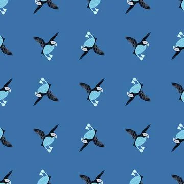 Creative seamless pattern with simple puffin bird silgouettes. Blue backgroun Stock Illustration