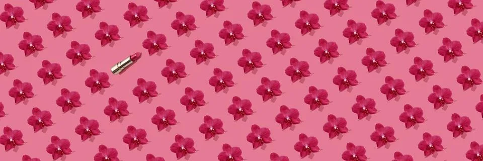 Creative seamless pattern of vivid pink orchid flowers and golden lipstick on Stock Photos