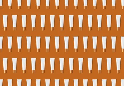 Creative seamless pattern of white cosmetic tubes on orange background. Stock Illustration