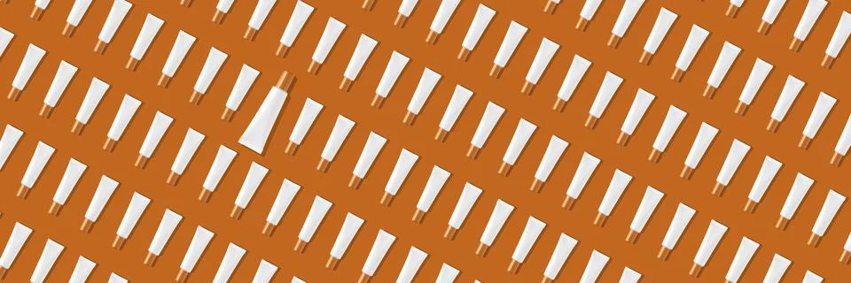 Creative seamless pattern of white cosmetic tubes on orange background. Stock Illustration