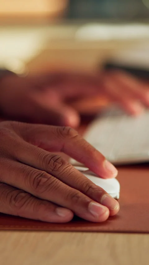 Creative, search and hands with mouse in office, writer or planning for novel Stock Footage 340775683