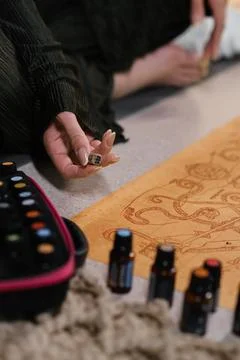 Creative session focused on natural elements with essential oils and artistic 스톡 사진