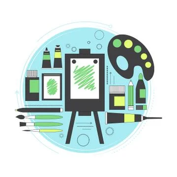 Creative set for artist. Ideas, creativity, design. Tools and materials paint Illustrazione stock