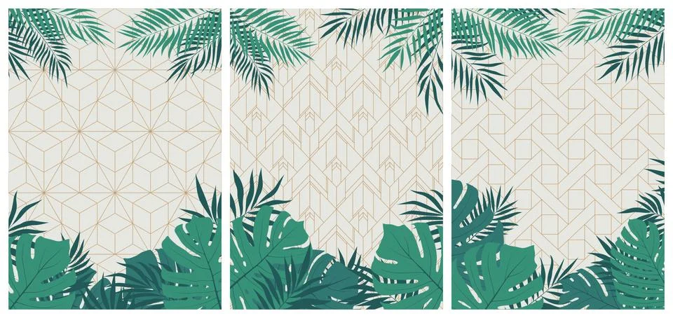 Creative set of elegant brochures with tropical leaves and plants on a white  Stock Illustration