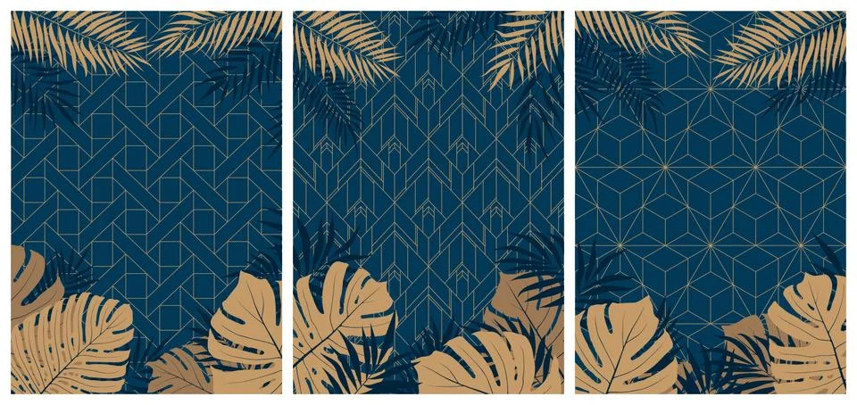 Creative set of elegant brochures with tropical leaves and plants on dark geo Stock Illustration