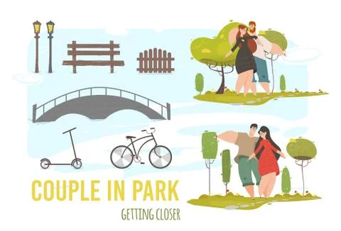 Creative Set Loving Couple Walking in City Park. Stock Illustration