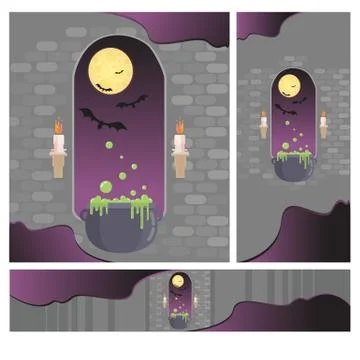 Creative set of medieval window in castle. Happy helloween banners set, vecto Stock Illustration