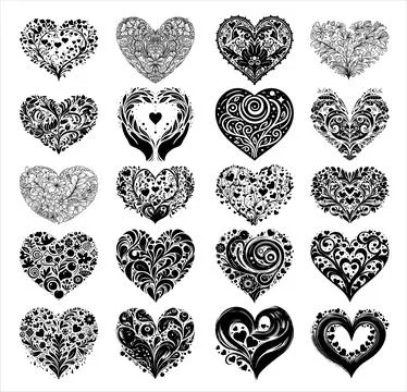 Creative Shape of Hearts in Black Silhouette with abstract and floral pattern Illustrazione stock