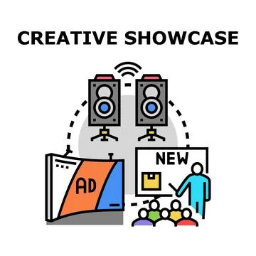 Creative showcase presenting new advertising concepts event Stock Illustration