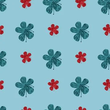 Creative simple flora seamless pattern with flowers. Red elements. Blue backg Stock Illustration