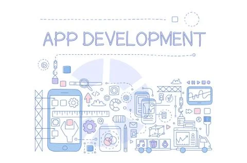 Creative sketch infographic of mobile app development. Process of creating. Line Stock Illustration