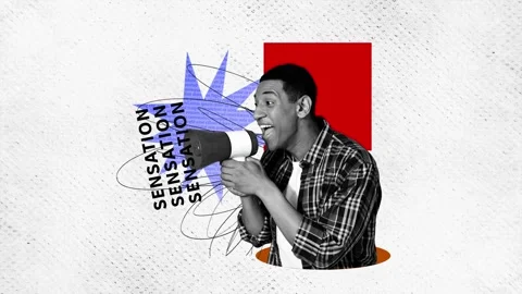 Creative sketch motion art collage video of happy american guy hold megaphone Stock Footage 301631545