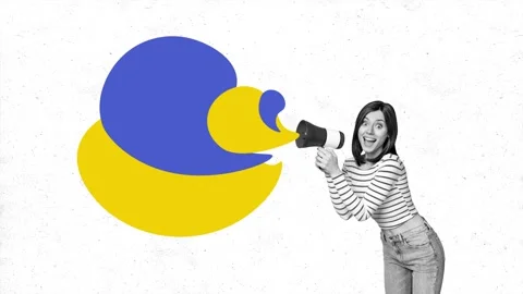 Creative sketch motion art collage of happy girl hold bullhorn promote bubble Stock-Footage 301632220