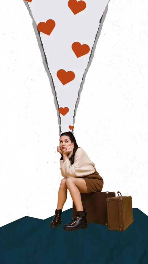 Creative sketch motion art collage video of happy girl sit suitcase heart like Stock Footage 310671427