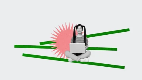 Creative sketch motion art collage video of happy manager girl hold laptop Stock Footage 311503962
