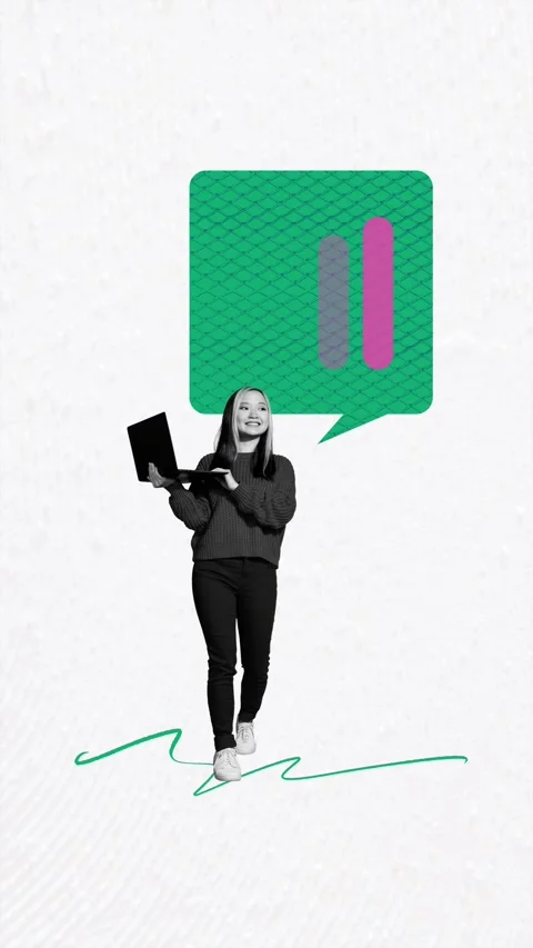 Creative sketch motion art collage of happy girl hold laptop network bubble Stock Footage 312316433
