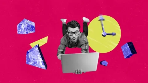 Creative sketch motion art collage video of shocked manager man fall laptop time Stock Footage 312316550