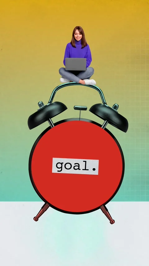 Creative sketch motion collage of happy girl type laptop sit alarm clock goal 動画素材 302171201
