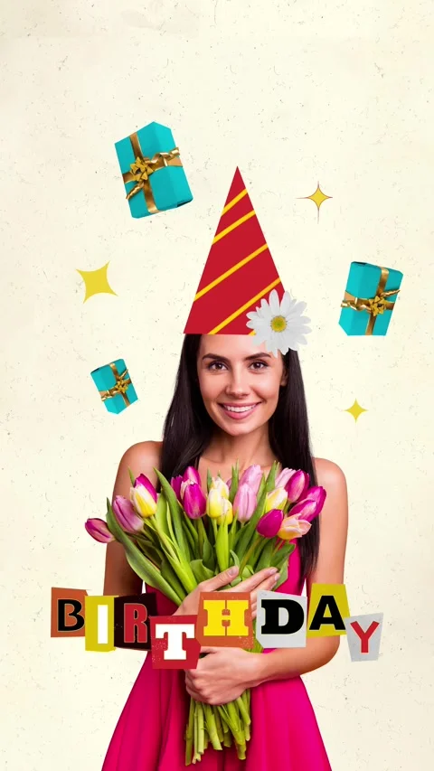 Creative sketch motion collage of happy girl hold tulips present birthday box Stock Footage 302171434