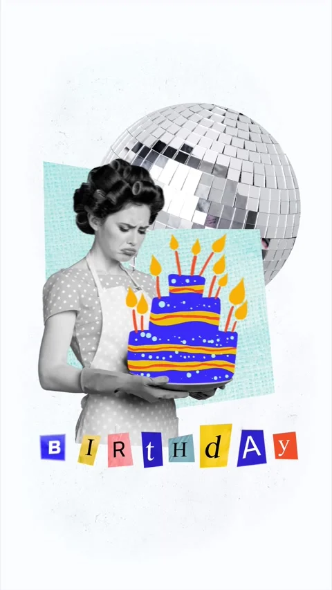 Creative sketch motion collage video of sad housemaid hold birthday cake lonely Stock Footage 310671941