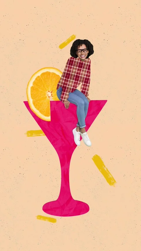 Creative sketch motion collage video of happy girl sit cocktail glass orange Stock Footage 311504008