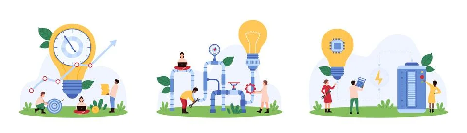 Creative smart project generation by tiny people, eco creative idea development イラスト素材