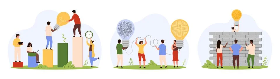 Creative solution with light bulb, analytics for solving complex problem by tiny Stock Illustration