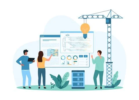 Creative solution or idea in coding by tiny people, construction crane and light Stock Illustration