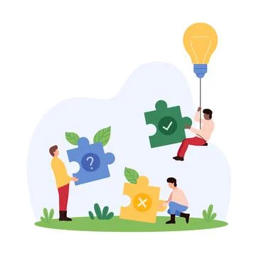 Creative solution to problem, decision making, tiny people choose piece to solve Illustrazione stock