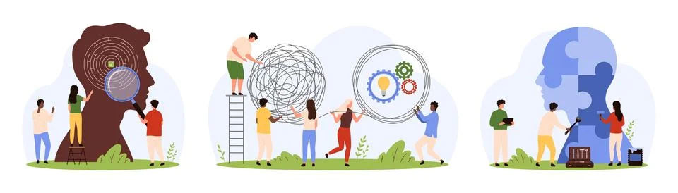 Creative solution search, psychology set, tiny people brainstorm, unravel chaos 스톡 일러스트