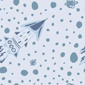 Creative space seamless pattern with rocket, planets and circle spots silhoue Stock Illustration