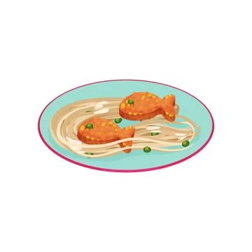 Creative spaghetti garnished with nuggets in the shape of fish vector Ilustración de archivo