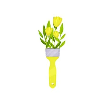 Creative spring bouquet with paint brush handle. Bright yellow tulip flowers イラスト素材
