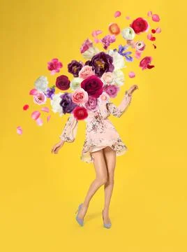 Creative spring fashion composition. Dancing girl and flowers splash Foto stock