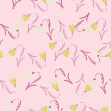 Creative spring seamless pattern with doodle bluebell elements. Pink pastel b Stock Illustration