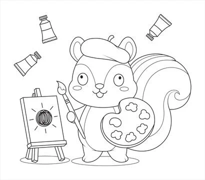Creative Squirrel Painting On Easel With Brush And Palette Outline Coloring.. 库存插图
